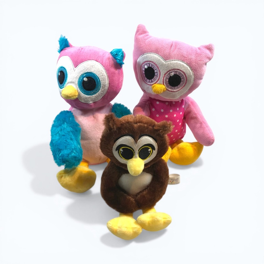 Progressive Plush Owl Stuffed Animal Set of 3 Pink Brown Blue Polka Dot 9-11"